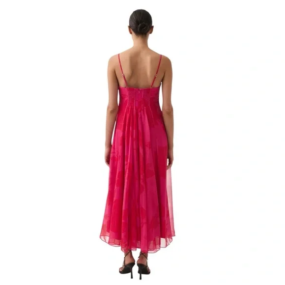 NEW AJE Sway Paneled Red & Pink Fluorescent Rose Spaghetti Strap Midi Dress - Picture 6 of 13